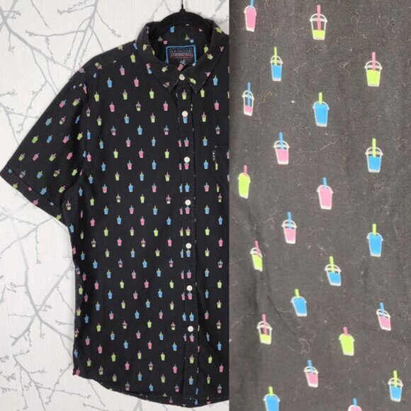Poches & Fils Black Slushie Print 100% Cotton Button Front Shirt - Picture 1 of 7